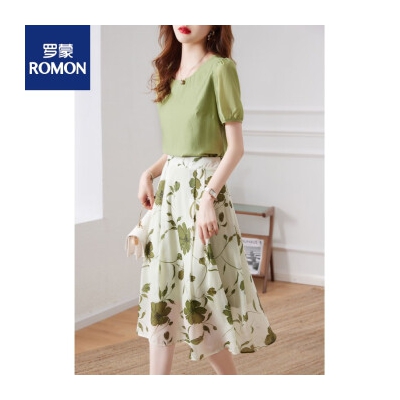 罗蒙2023年夏季新款优雅时尚舒适减龄女士气质百搭修身显瘦两件套装女 绿色 XL
