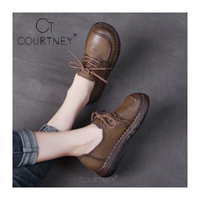 Courtney品牌手工真皮软底休闲小皮鞋女舒适系带牛皮单鞋复古 深卡其色 37